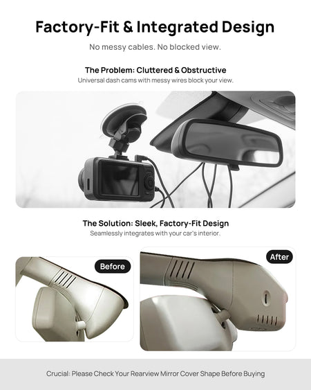 Before vs after installation on Hongqi H7 2016-2021(Beige): integrated dash cam behind mirror cover for a cleaner, unobstructed view