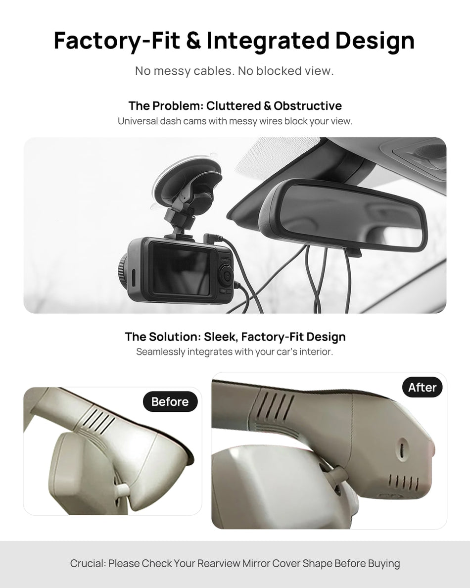 Before vs after installation on Hongqi H7 2016-2021(Beige): integrated dash cam behind mirror cover for a cleaner, unobstructed view