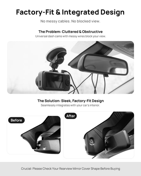 Before vs after installation on BMW 5 Series G30 G31 G60 2018-2023: integrated dash cam behind mirror cover for a cleaner, unobstructed view