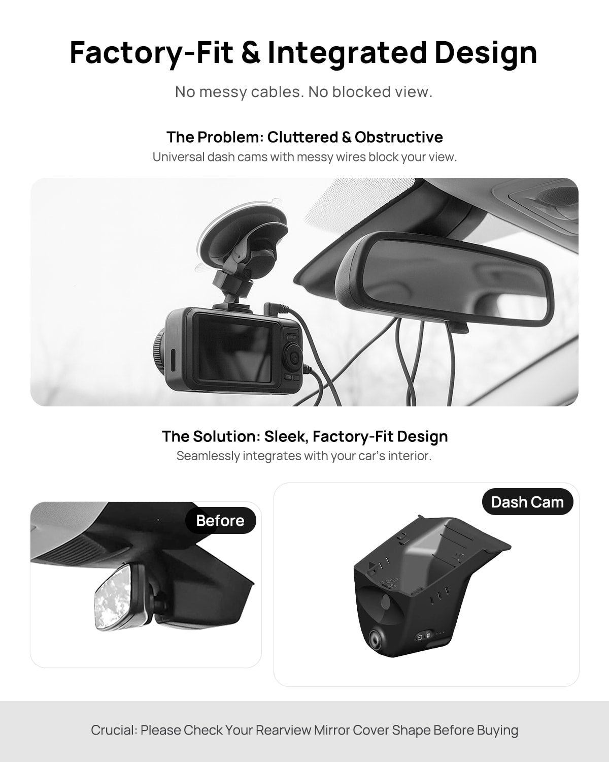 Before vs after installation on Volkswagen Passat 2025: integrated dash cam behind mirror cover for a cleaner, unobstructed view