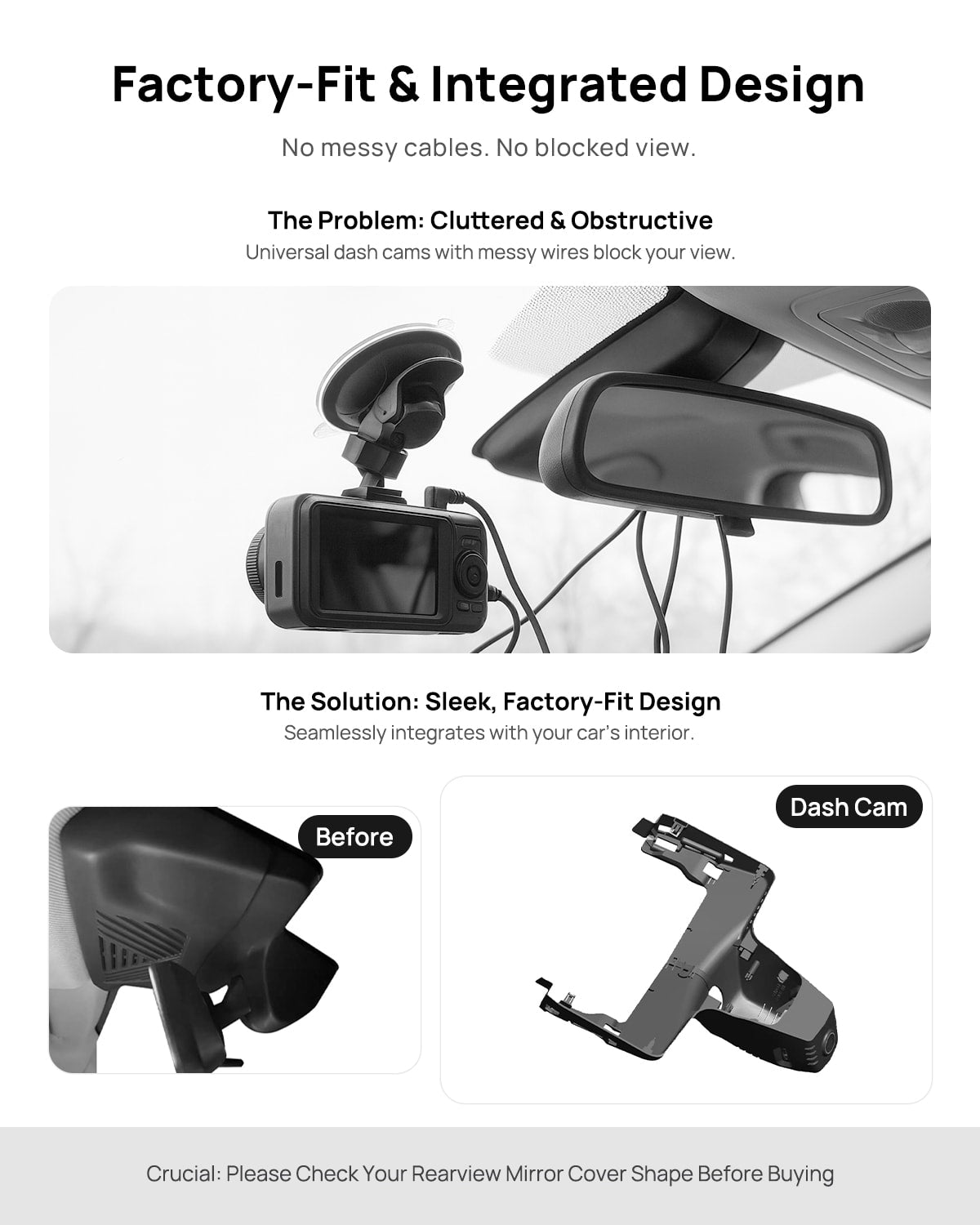 Before vs after installation on BMW X5 G05 2023: integrated dash cam behind mirror cover for a cleaner, unobstructed view