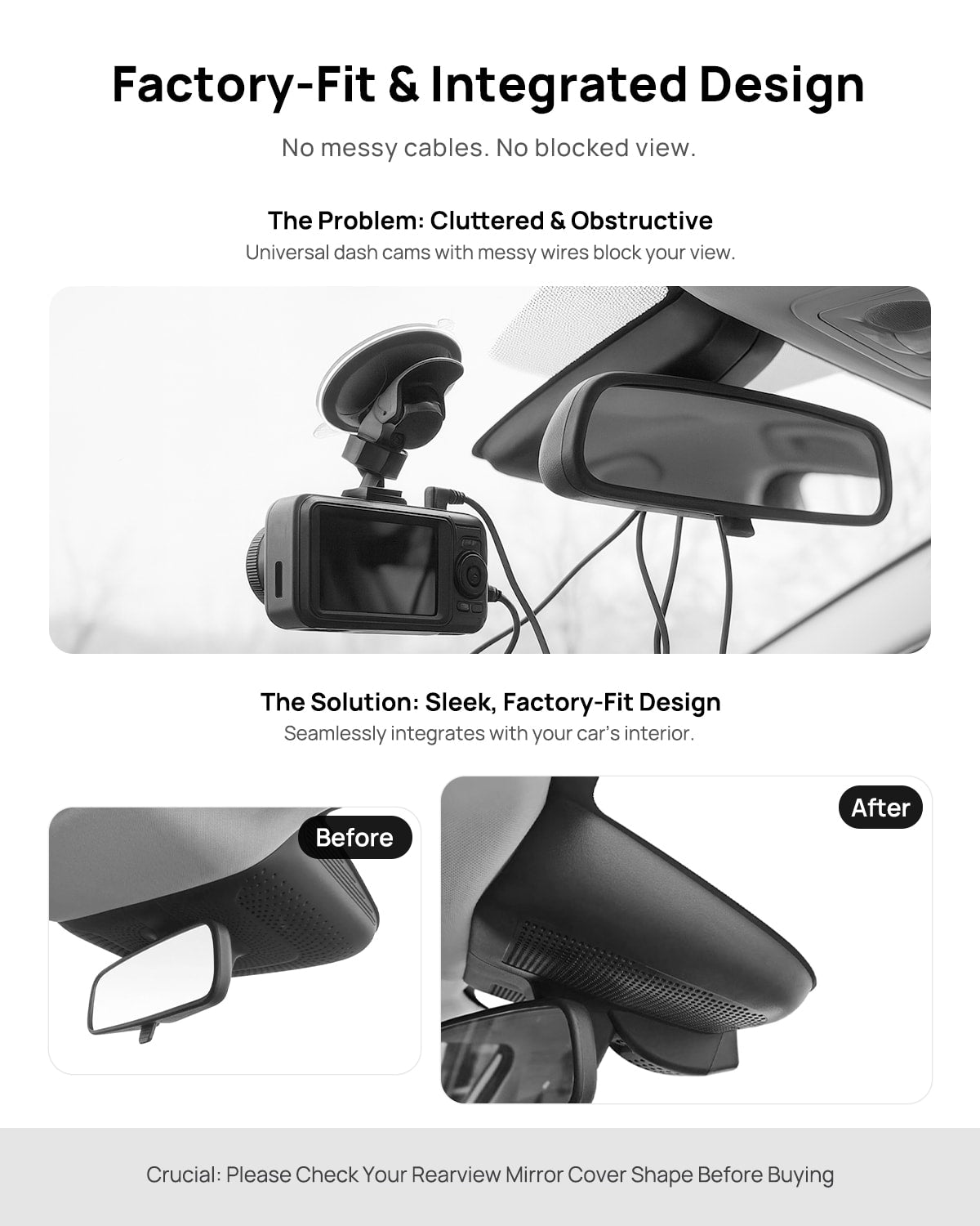 Before vs after installation on GAC AION UT U Pro 2025: integrated front & rear dash cam behind mirror cover for a cleaner, unobstructed view
