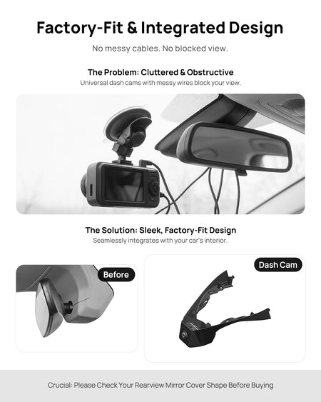 Before vs after installation on Volkswagen Taos Tharu 2025: integrated dash cam behind mirror cover for a cleaner, unobstructed view