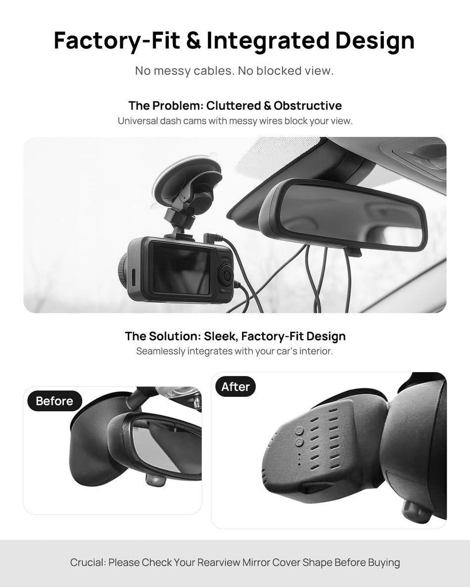 Before vs after installation on BMW MINI Cooper F56 2020 2021: integrated dash cam behind mirror cover for a cleaner, unobstructed view