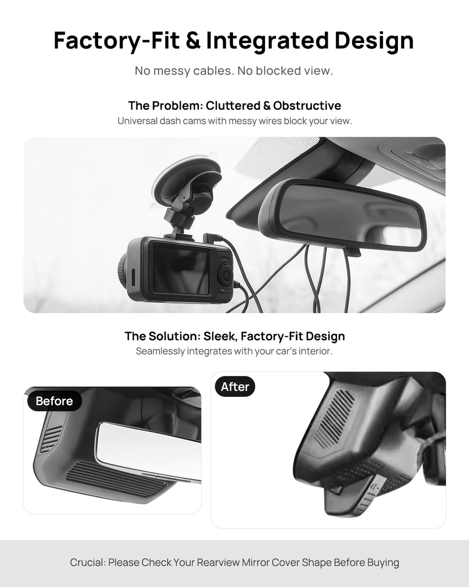 Before vs after installation on Mercedes-Benz G-Class AMG G63 G500 G580 W464 2025: integrated front & rear dash cam behind mirror cover for a cleaner, unobstructed view