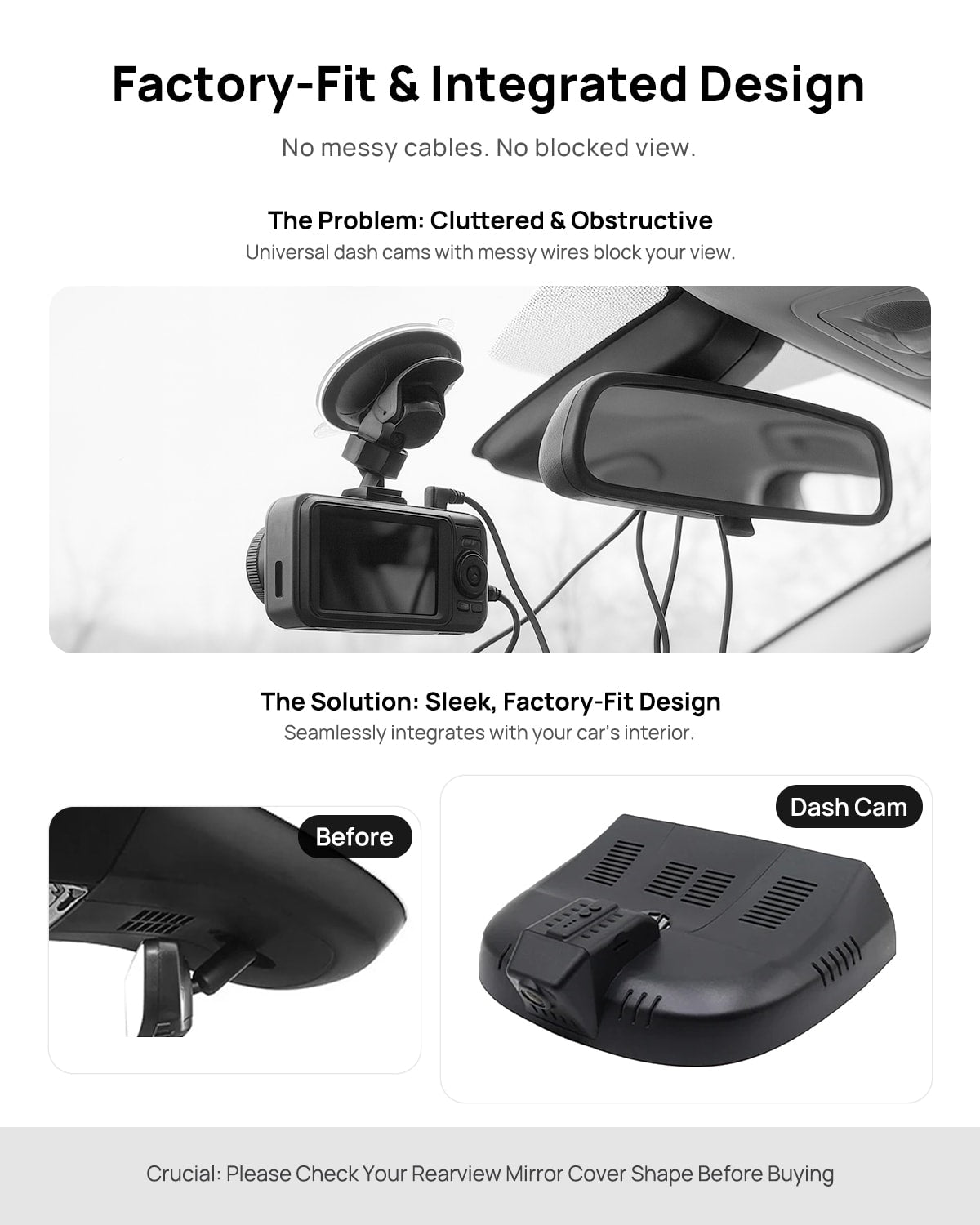Before vs after installation on Cadillac LYRIQ 2022: integrated dash cam behind mirror cover for a cleaner, unobstructed view