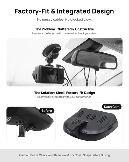Before vs after installation on Cadillac LYRIQ 2022: integrated dash cam behind mirror cover for a cleaner, unobstructed view
