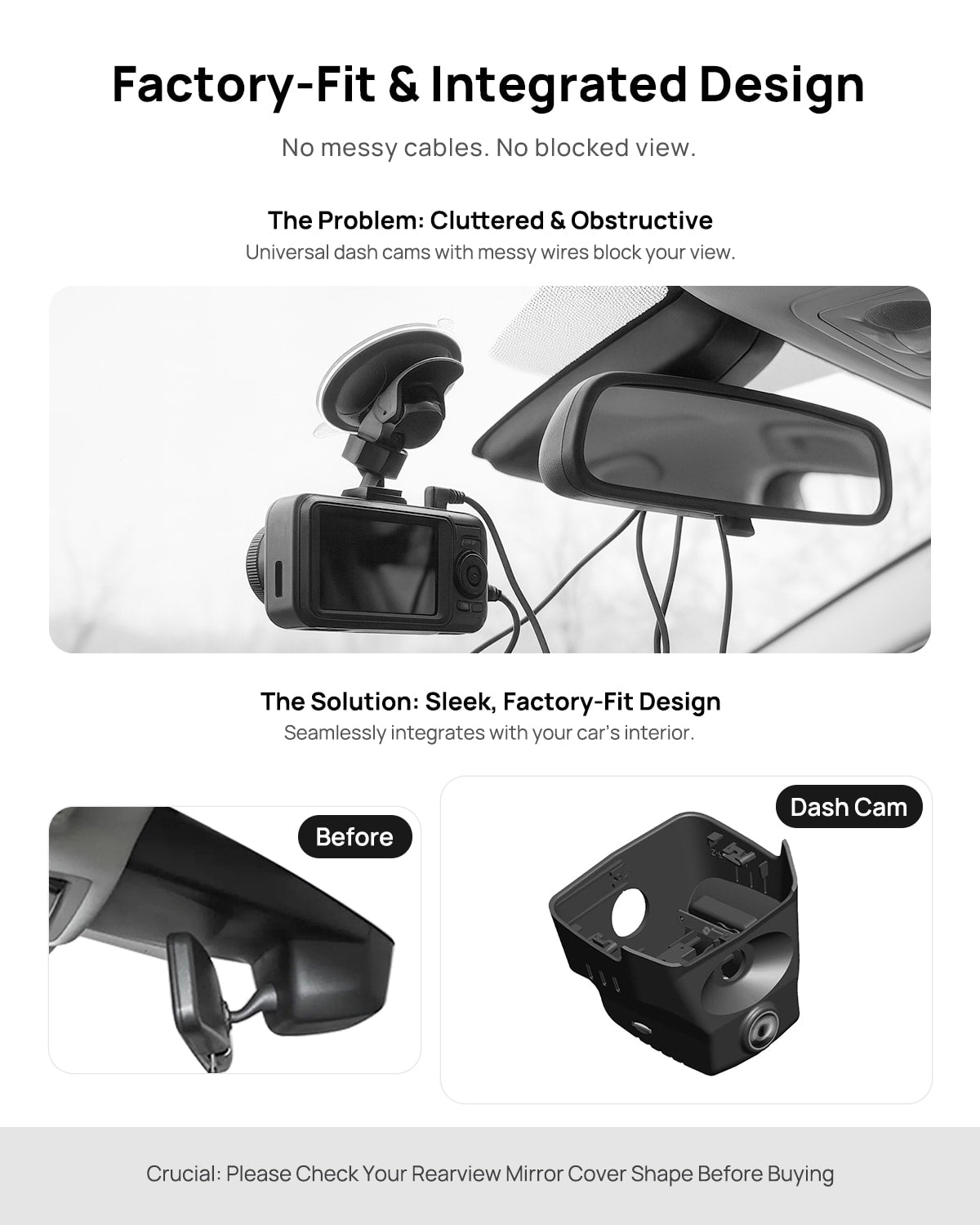Before vs after installation on Volkswagen Golf 2025: integrated front & rear dash cam behind mirror cover for a cleaner, unobstructed view
