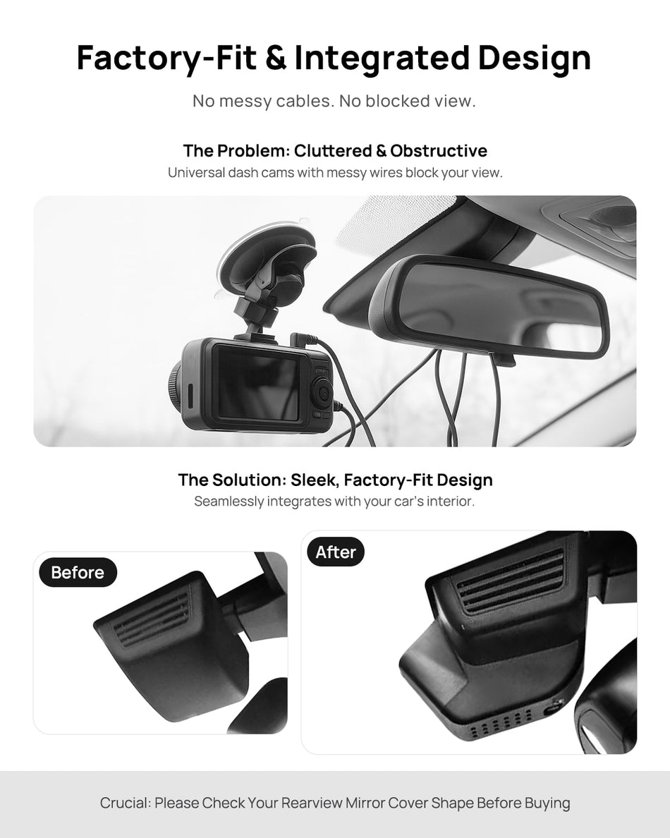 Before vs after installation on Mercedes-Benz G-Class AMG G63 G350 G500 W464 2016-2018: integrated dash cam behind mirror cover for a cleaner, unobstructed view