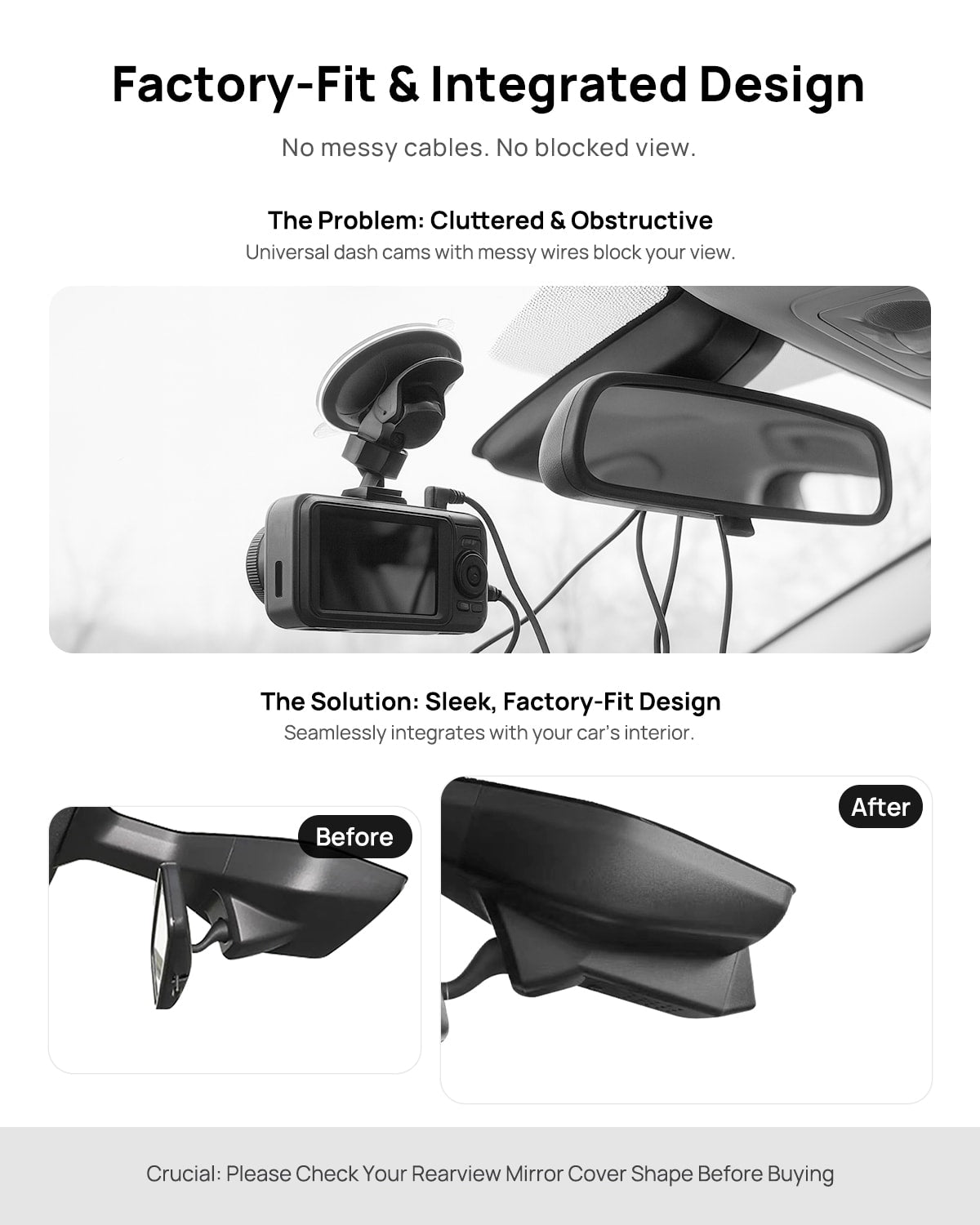 Before vs after installation on Volkswagen ID.3 Cupra Born 2019-2026: integrated dash cam behind mirror cover for a cleaner, unobstructed view