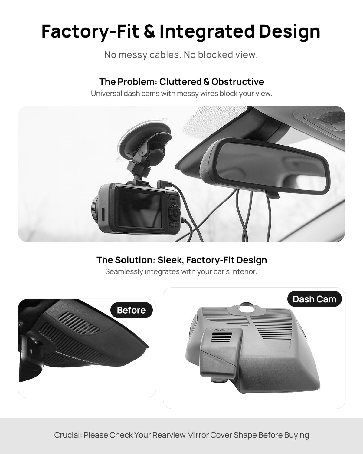 Before vs after installation on Mercedes-Benz S-Class S400 S450 S500 W222 C217 A217 2022: integrated dash cam behind mirror cover for a cleaner, unobstructed view