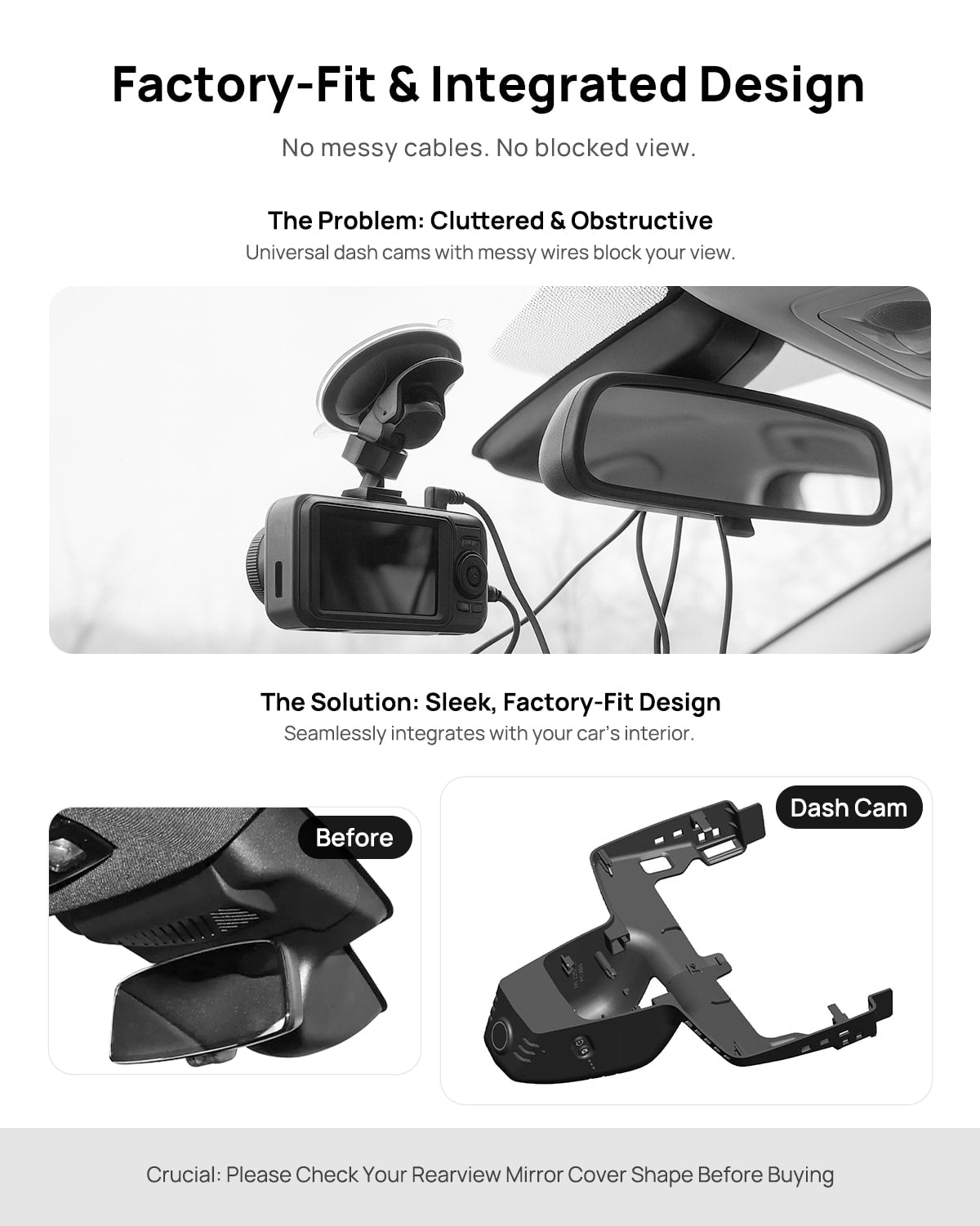 Before vs after installation on BMW MINI Cooper WORKS J01 2024: integrated dash cam behind mirror cover for a cleaner, unobstructed view