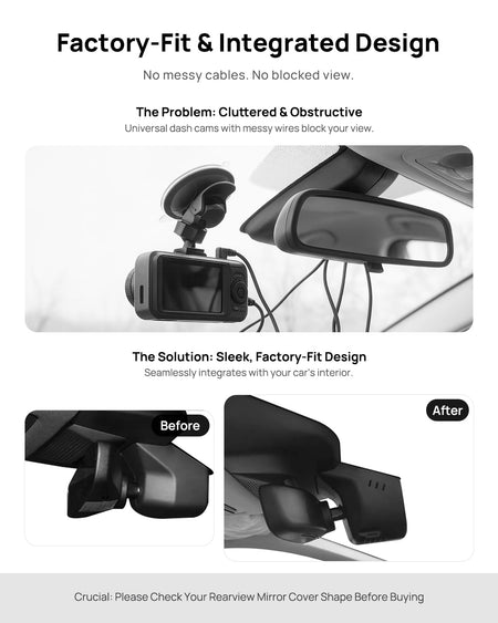 Before vs after installation on Volkswagen Tiguan 2024 2025: integrated front & rear dash cam behind mirror cover for a cleaner, unobstructed view