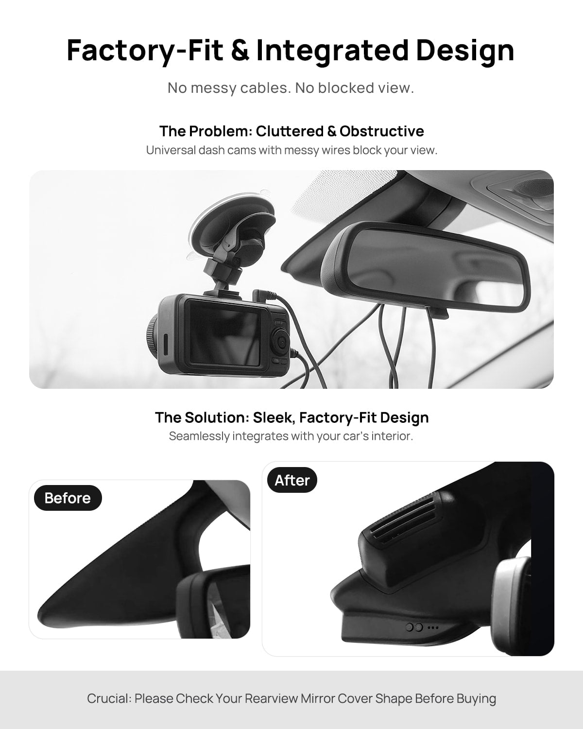 Before vs after installation on Jeep Compass 2017-2019: integrated front & rear dash cam behind mirror cover for a cleaner, unobstructed view