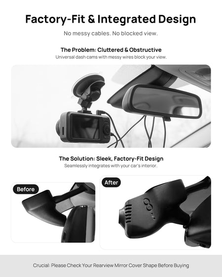 Before vs after installation on ?koda Rapid 2013-2015: integrated dash cam behind mirror cover for a cleaner, unobstructed view
