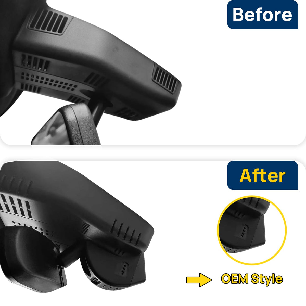 Vorher-Nachher Vergleich: Xplywi 1080P Frontkamera Dashcam Kompatibel mit Cadillac XT4 2024 2025, diskrete OEM-Installation