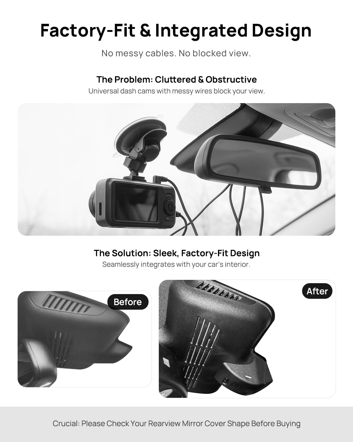 Before vs after installation on Mercedes-Benz AMG C63 C-Class W205 2017-2019: integrated dash cam behind mirror cover for a cleaner, unobstructed view