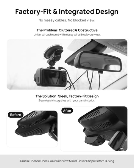 Before vs after installation on Mercedes-Benz CLS300 CLS350 W218 2017-2019: integrated front & rear dash cam behind mirror cover for a cleaner, unobstructed view