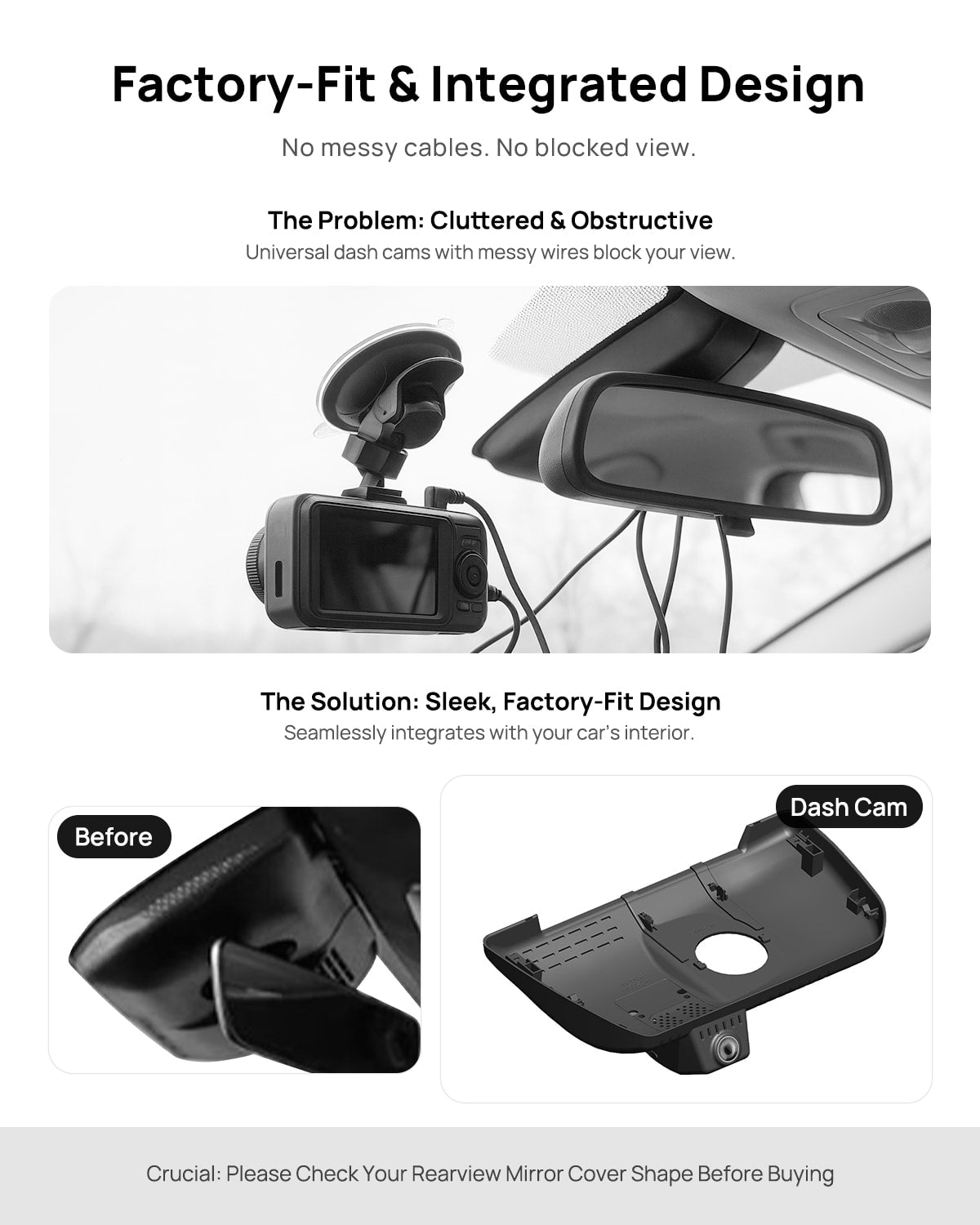 Before vs after installation on Toyota Tacoma N400 2024-2025: integrated front & rear dash cam behind mirror cover for a cleaner, unobstructed view