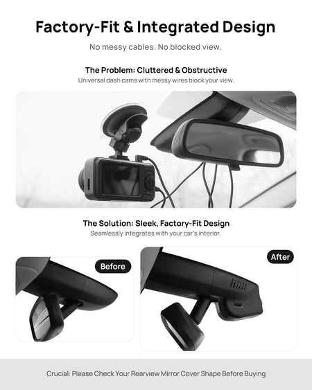Before vs after installation on Cadillac ATS-L 2015: integrated dash cam behind mirror cover for a cleaner, unobstructed view