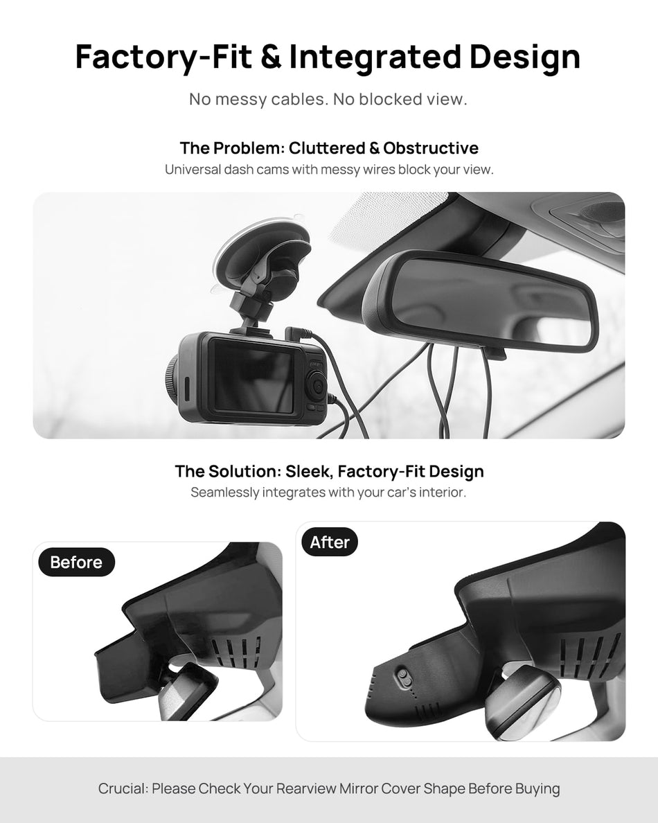 Before vs after installation on BMW X5 M F95 G05 2023 2024: integrated dash cam behind mirror cover for a cleaner, unobstructed view
