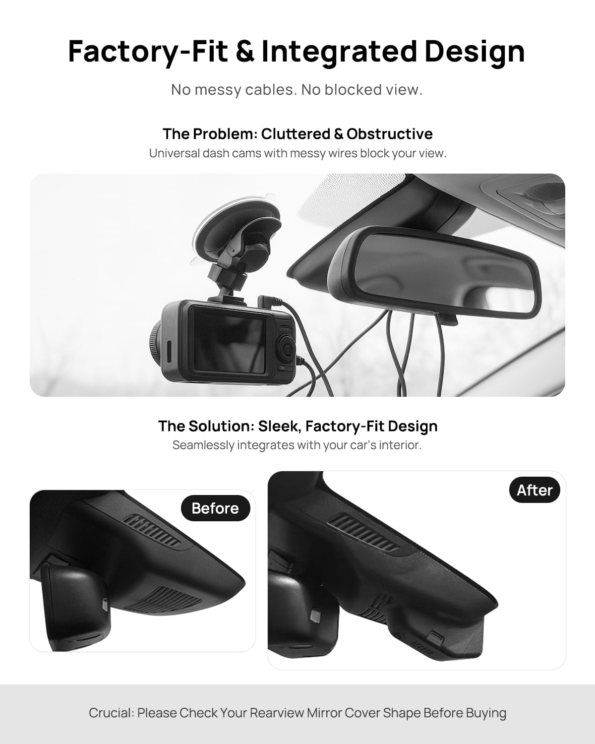 Before vs after installation on Mercedes-Benz AMG CLA45 CLA200 CLA220 CLA260 C117 X117 2016-2018: integrated front & rear dash cam behind mirror cover for a cleaner,...