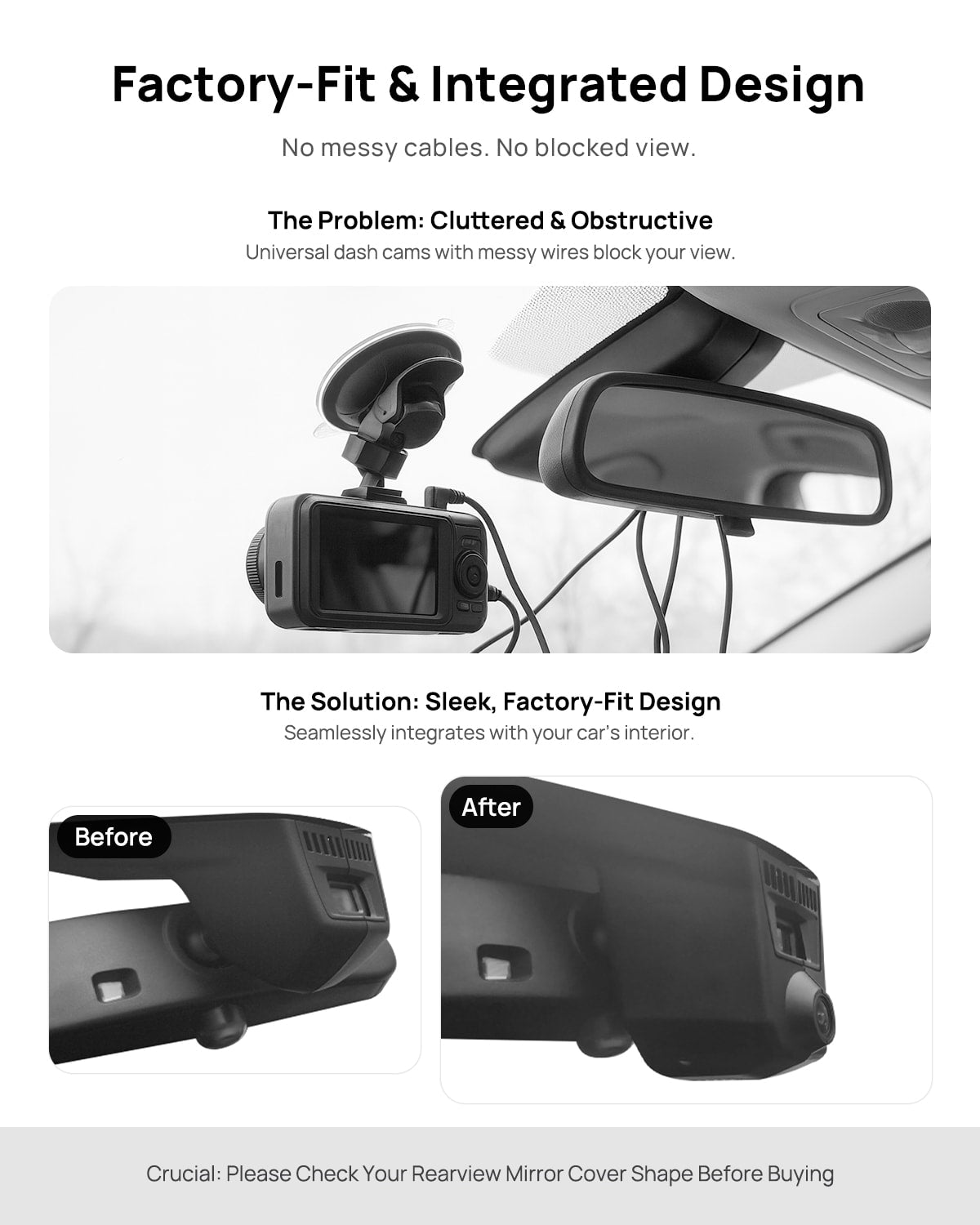 Before vs after installation on BMW X6 M G06 F96 2018-2022: integrated dash cam behind mirror cover for a cleaner, unobstructed view