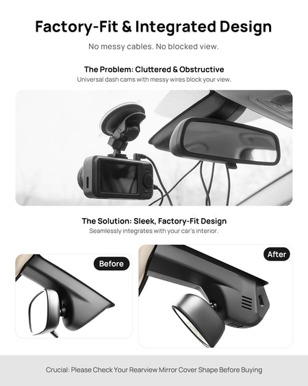 Before vs after installation on BMW 3 Series G20 G21 GT F34 2013-2024: integrated front & rear dash cam behind mirror cover for a cleaner, unobstructed view