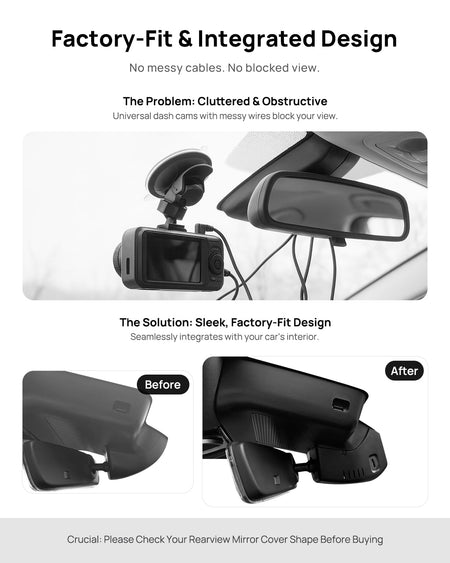 Before vs after installation on Hongqi H6 2023: integrated front & rear dash cam behind mirror cover for a cleaner, unobstructed view
