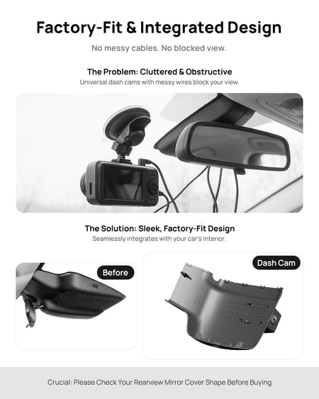 Before vs after installation on GAC AION V Plus 2021-2023: integrated front & rear dash cam behind mirror cover for a cleaner, unobstructed view