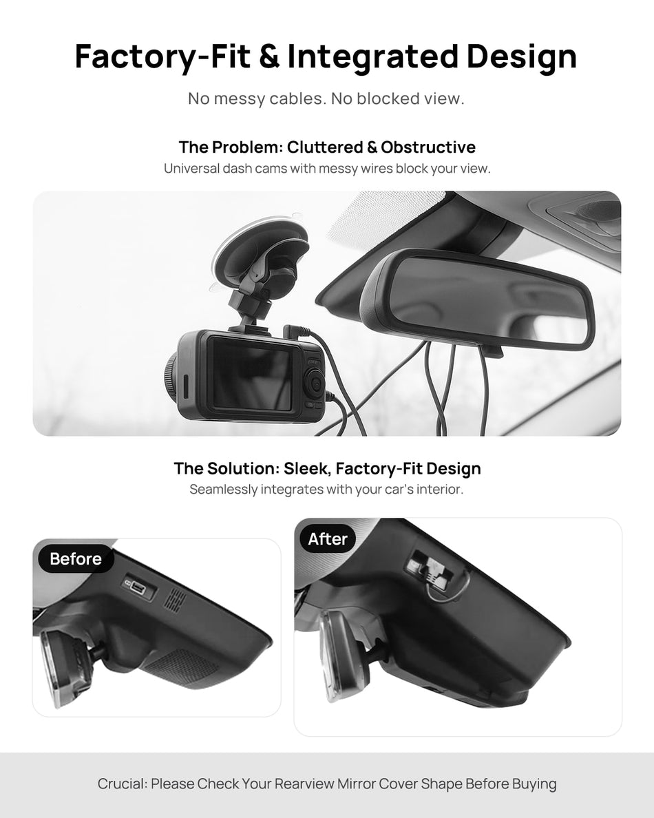 Before vs after installation on Hongqi HQ9 2022-2024: integrated dash cam behind mirror cover for a cleaner, unobstructed view