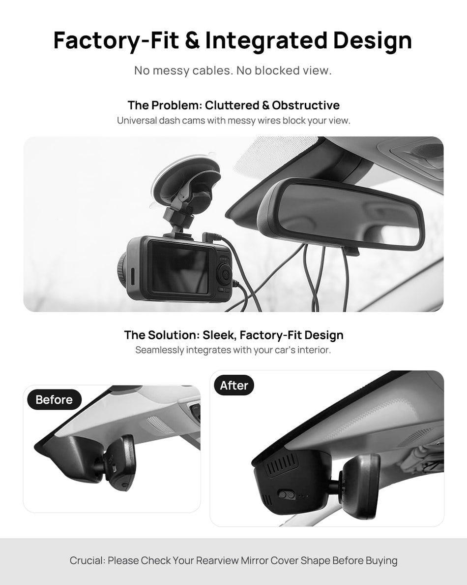 Before vs after installation on Honda ZR-V HR-V 2022-2025: integrated front & rear dash cam behind mirror cover for a cleaner, unobstructed view