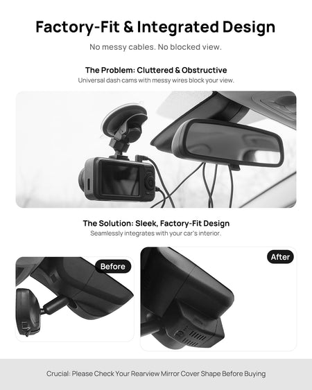 Before vs after installation on Cadillac CT6 2019 2020: integrated front & rear dash cam behind mirror cover for a cleaner, unobstructed view