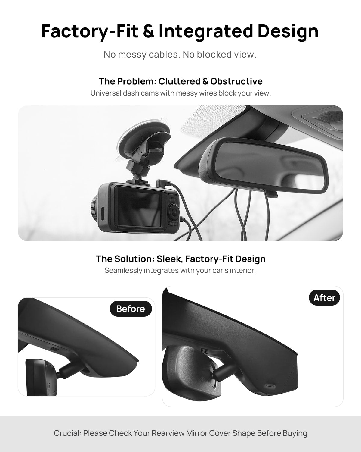 Before vs after installation on Cadillac XT5 2020: integrated dash cam behind mirror cover for a cleaner, unobstructed view
