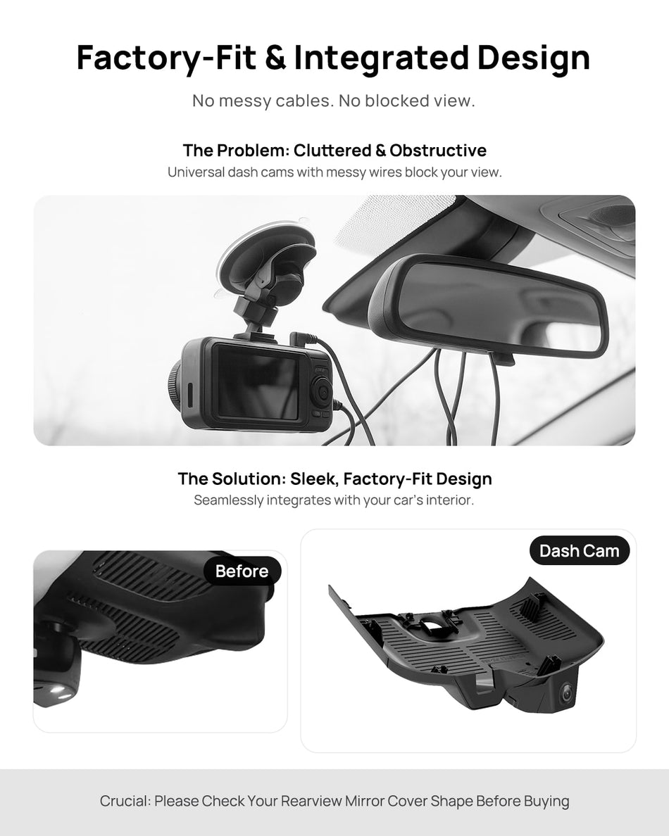 Before vs after installation on Mercedes-Benz AMG 53 EQS450 EQS580 V297 2022 2023: integrated dash cam behind mirror cover for a cleaner, unobstructed view