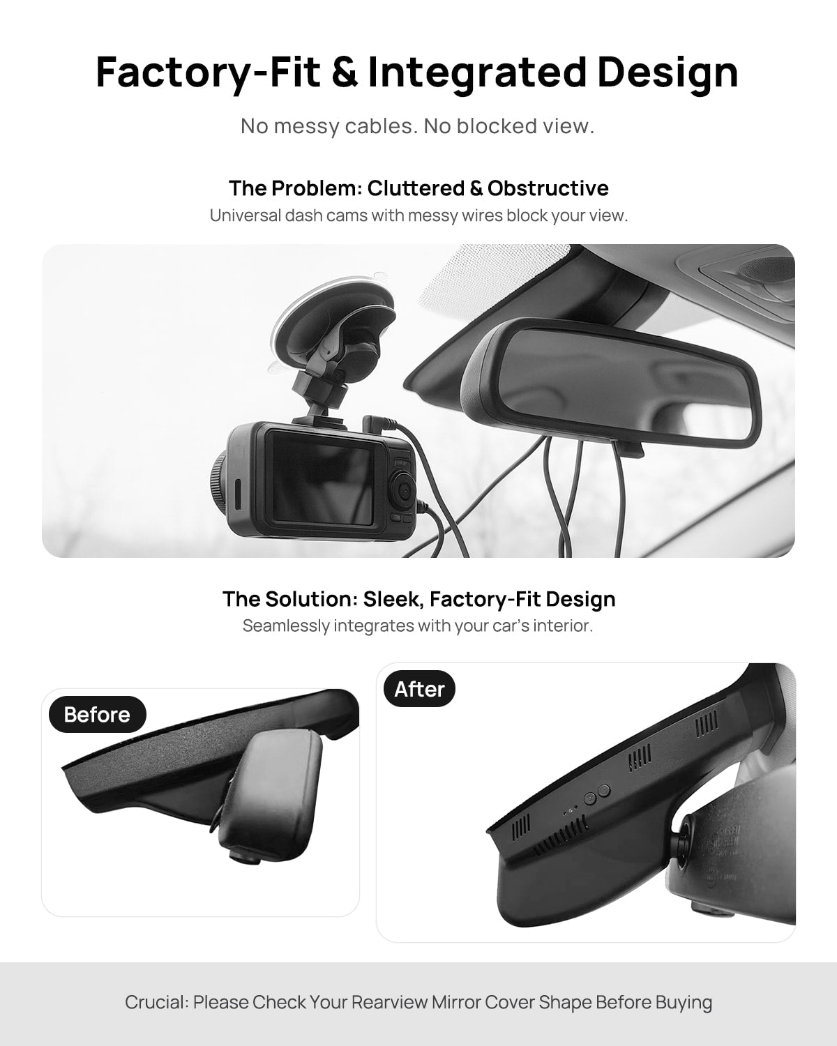 Before vs after installation on BMW 5 Series E60 E61 F10 F11 GT F07 2008-2012: integrated front & rear dash cam behind mirror cover for a cleaner, unobstructed view