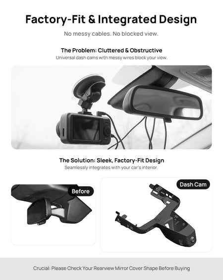 Before vs after installation on BMW i7 G70 BEV 2023: integrated dash cam behind mirror cover for a cleaner, unobstructed view
