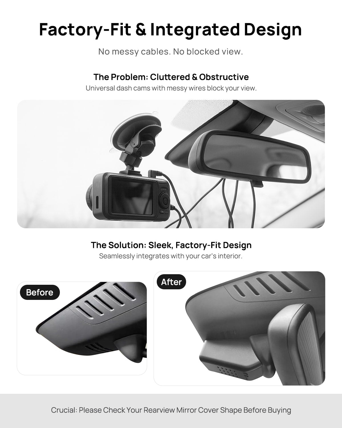 Before vs after installation on Volvo S60 V60 2023-2025 B5 B6 T5 T8: integrated front & rear dash cam behind mirror cover for a cleaner, unobstructed view