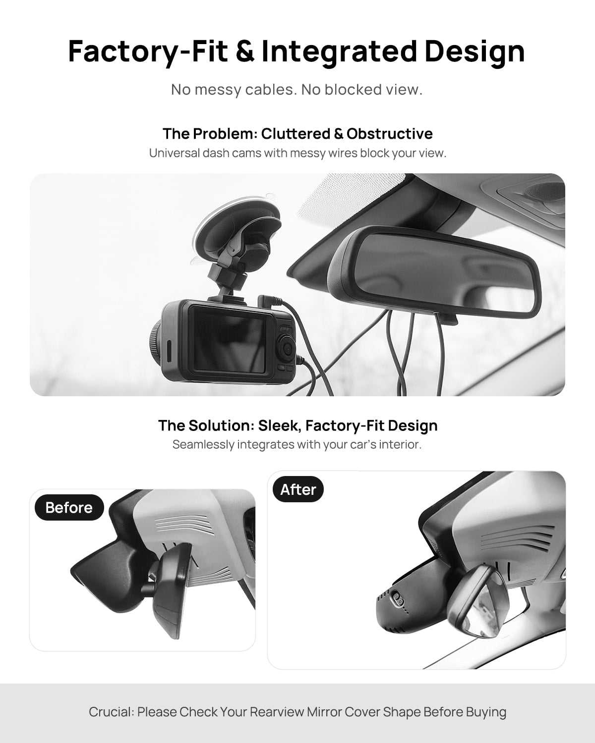 Before vs after installation on BMW iX3 G08 2020-2024: integrated front & rear dash cam behind mirror cover for a cleaner, unobstructed view
