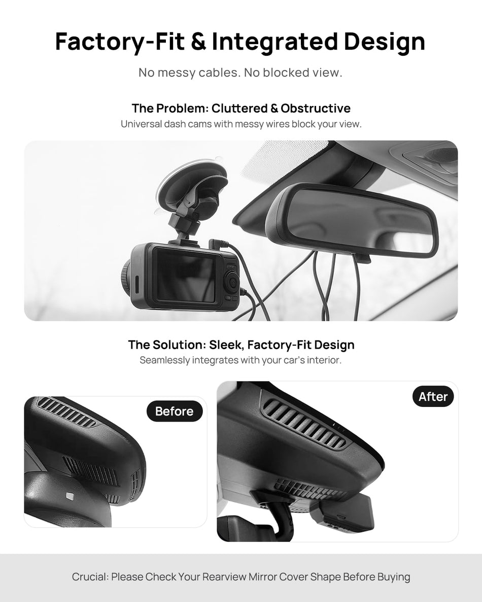 Before vs after installation on Mercedes-Benz V-Class W447 V200D V250 V260 V300D EQV METRIS Marco Polo 2014-2022: integrated front & rear dash cam behind mirror cover...