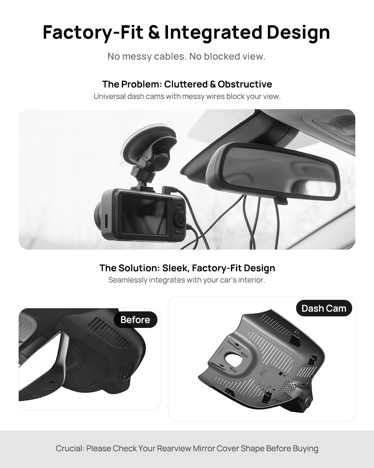 Before vs after installation on Mercedes-Benz AMG GT50 GT55 C192 2025: integrated dash cam behind mirror cover for a cleaner, unobstructed view