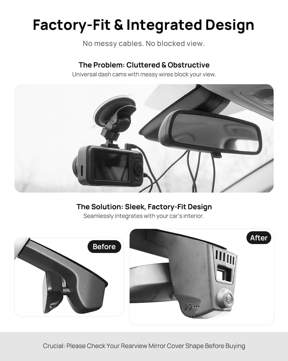 Before vs after installation on BMW X4 G02 F98 2018-2021: integrated dash cam behind mirror cover for a cleaner, unobstructed view
