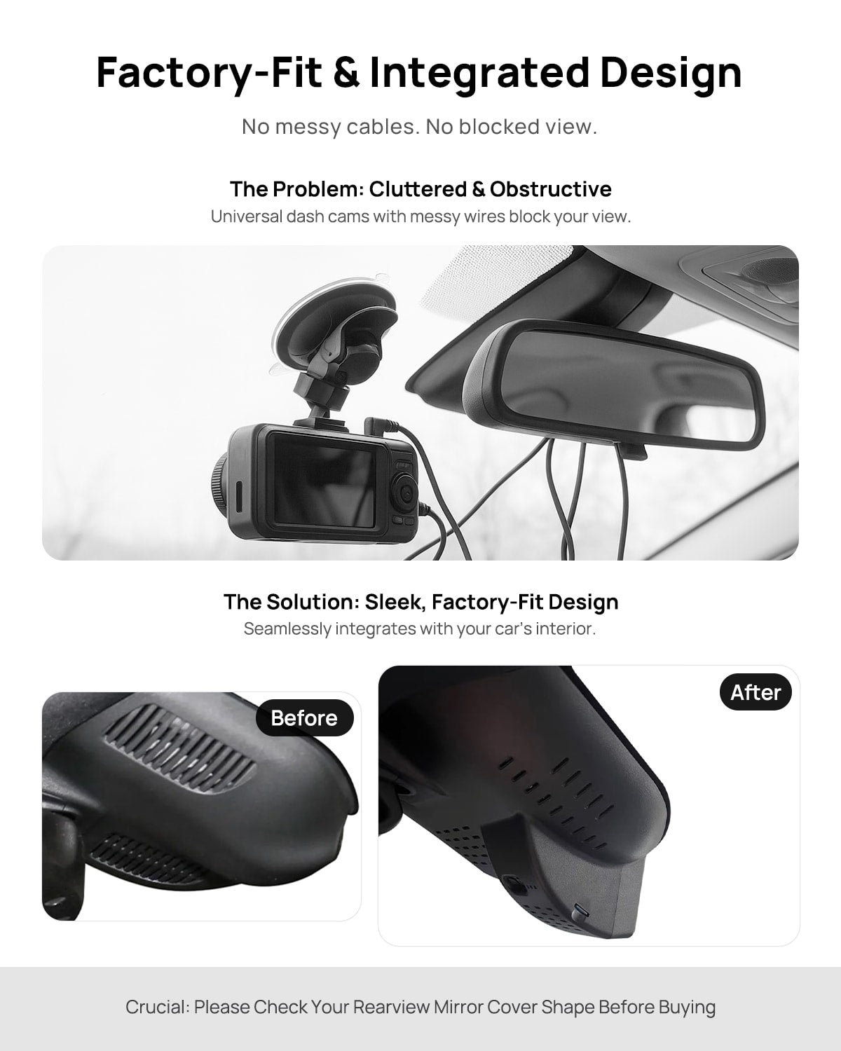 Before vs after installation on Mercedes-Benz AMG C43 C-Class C200 C260 W206 2022-2025: integrated front & rear dash cam behind mirror cover for a cleaner,...