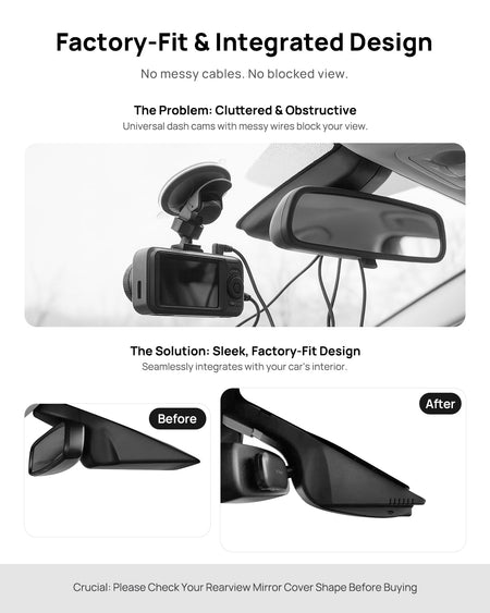 Before vs after installation on Ford Taurus 2015-2017: integrated dash cam behind mirror cover for a cleaner, unobstructed view