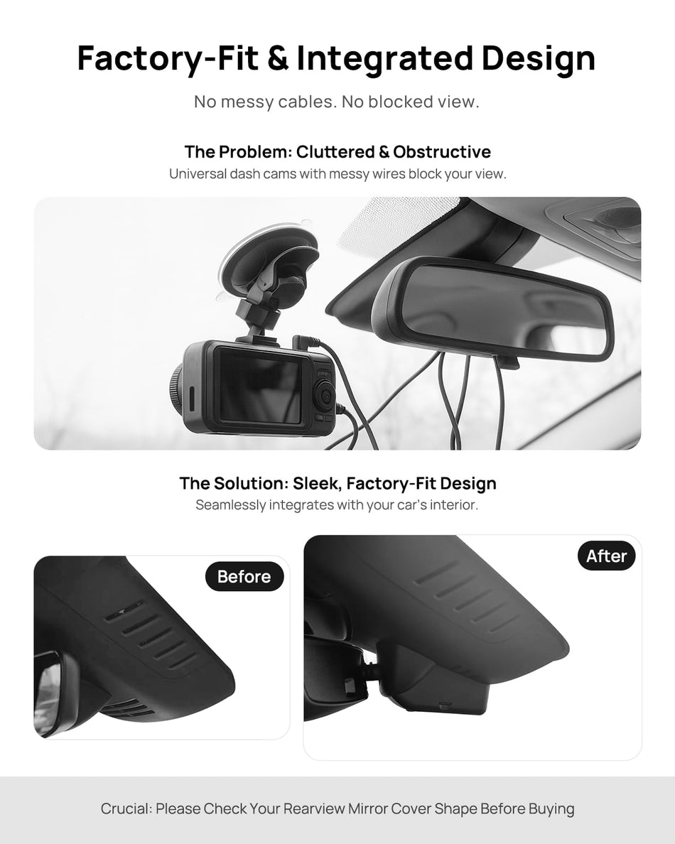 Before vs after installation on Volvo XC90 B5 B6 T8 2023-2025: integrated front & rear dash cam behind mirror cover for a cleaner, unobstructed view