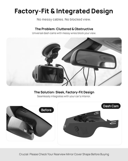 Before vs after installation on BMW 2 Series Coupe F44 2022-2025: integrated dash cam behind mirror cover for a cleaner, unobstructed view