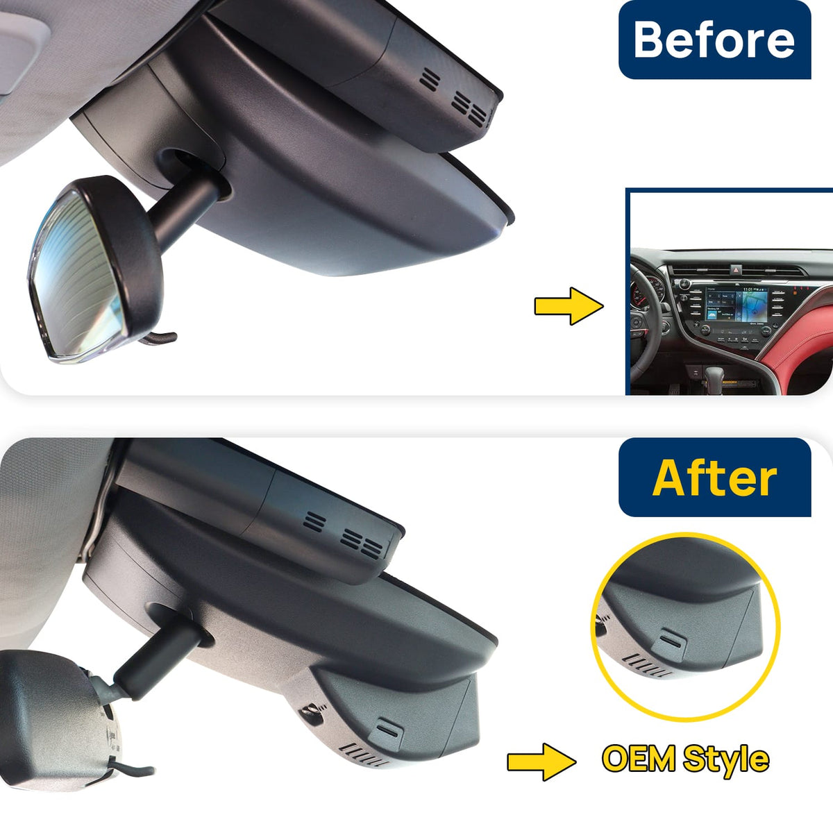 Vorher-Nachher Vergleich: Xplywi 1080P Frontkamera Dashcam Kompatibel mit Toyota Camry XV70 2025 2018-2020, diskrete OEM-Installation