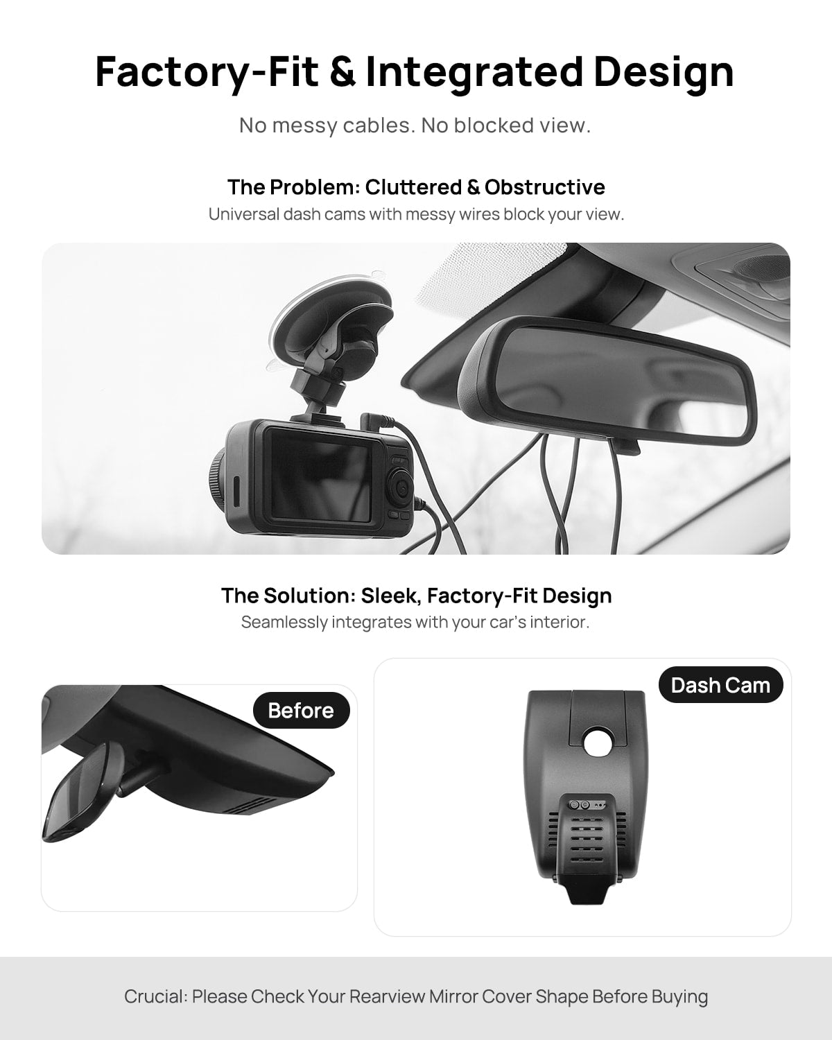Before vs after installation on Toyota C-HR 2017-2020: integrated dash cam behind mirror cover for a cleaner, unobstructed view