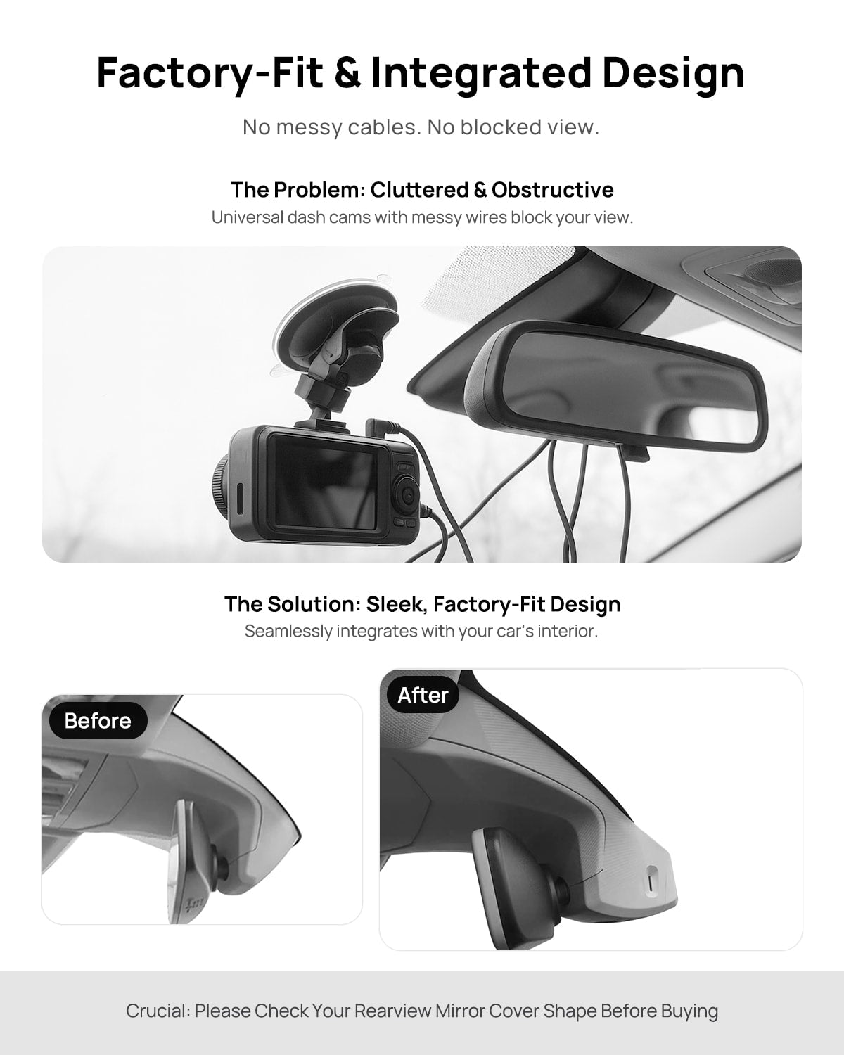 Before vs after installation on Volkswagen Passat 2019-2024: integrated dash cam behind mirror cover for a cleaner, unobstructed view
