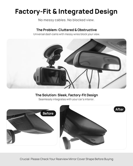 Before vs after installation on Honda Inspire 2019-2022: integrated dash cam behind mirror cover for a cleaner, unobstructed view